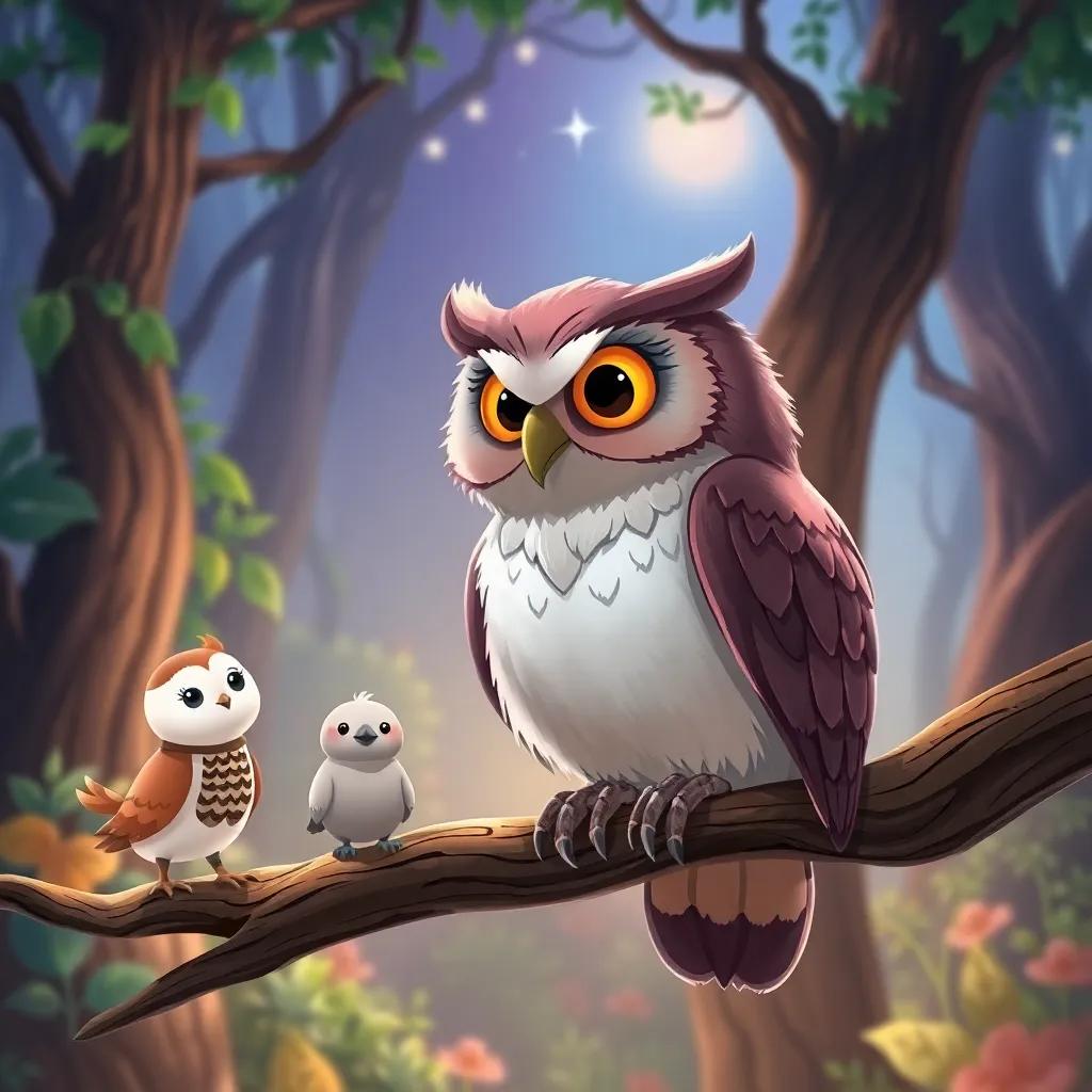 An old wise owl perched on a branch speaking to the friends, magical forest background, illustrative style with vibrant colors