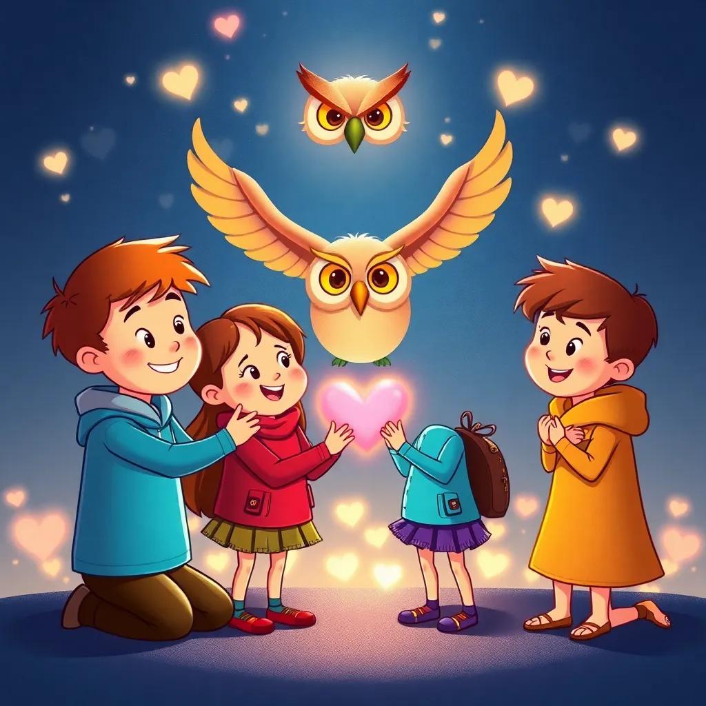 Friends making a promise under the wise owl's guidance, hearts glowing with joy, emphasizing friendship and togetherness, heartwarming illustration