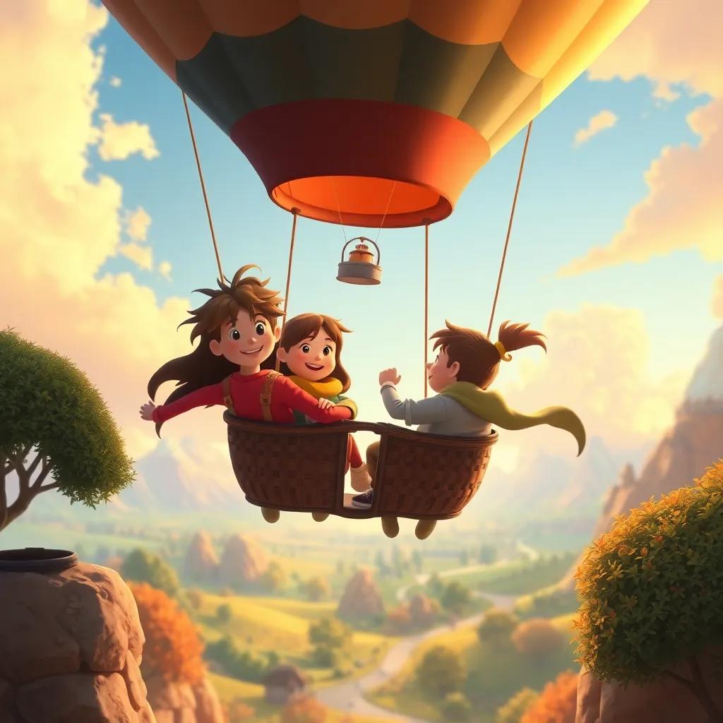 Friends climbing back into the balloon with smiles, looking down at the magical landscape, dreamy atmosphere and warm colors