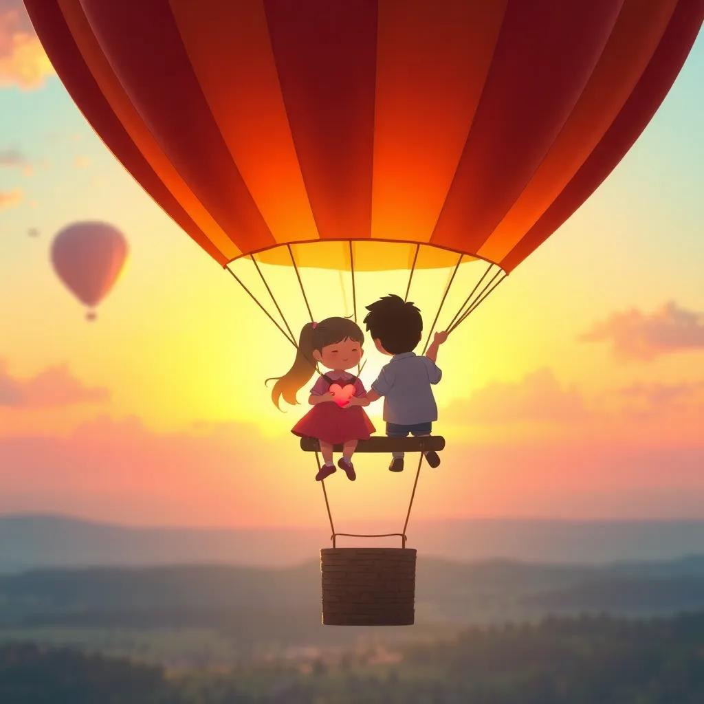 A sunset view from the balloon, friends floating home with hearts full and friendship glowing, pastel colors, dreamy art style