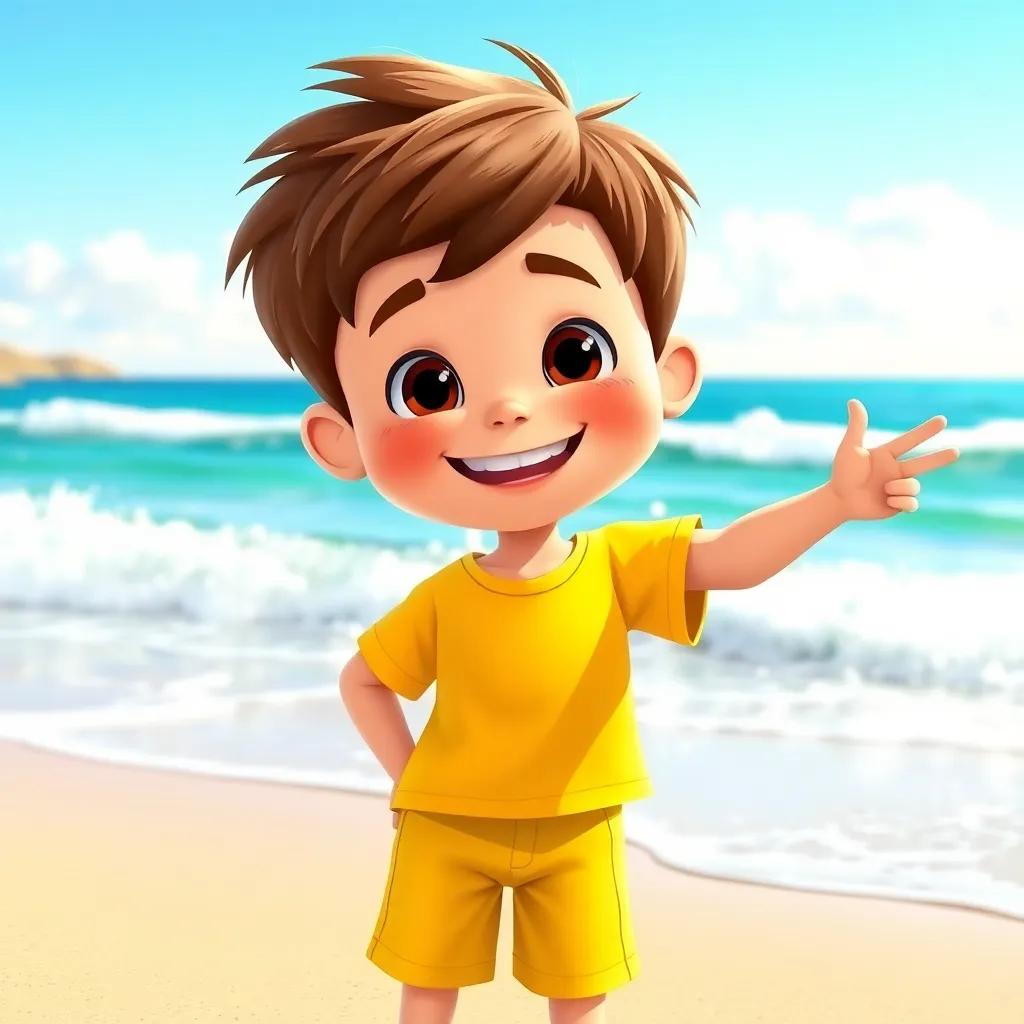 A cheerful little boy, Tommy, with short brown hair wearing a bright yellow t-shirt and shorts, standing on the beach, excitedly pointing at the waves with a big smile, bright sunny day, digital art, colorful, child-friendly atmosphere