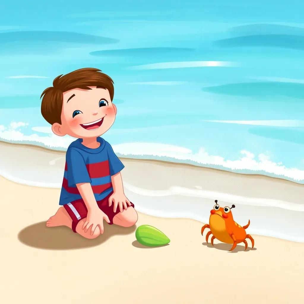 Tommy, a cheerful little boy with short brown hair, kneeling by the shore, picking up a smooth green shell, a little orange crab scuttling nearby, cheerful beach scene, illustration, vibrant colors, playful