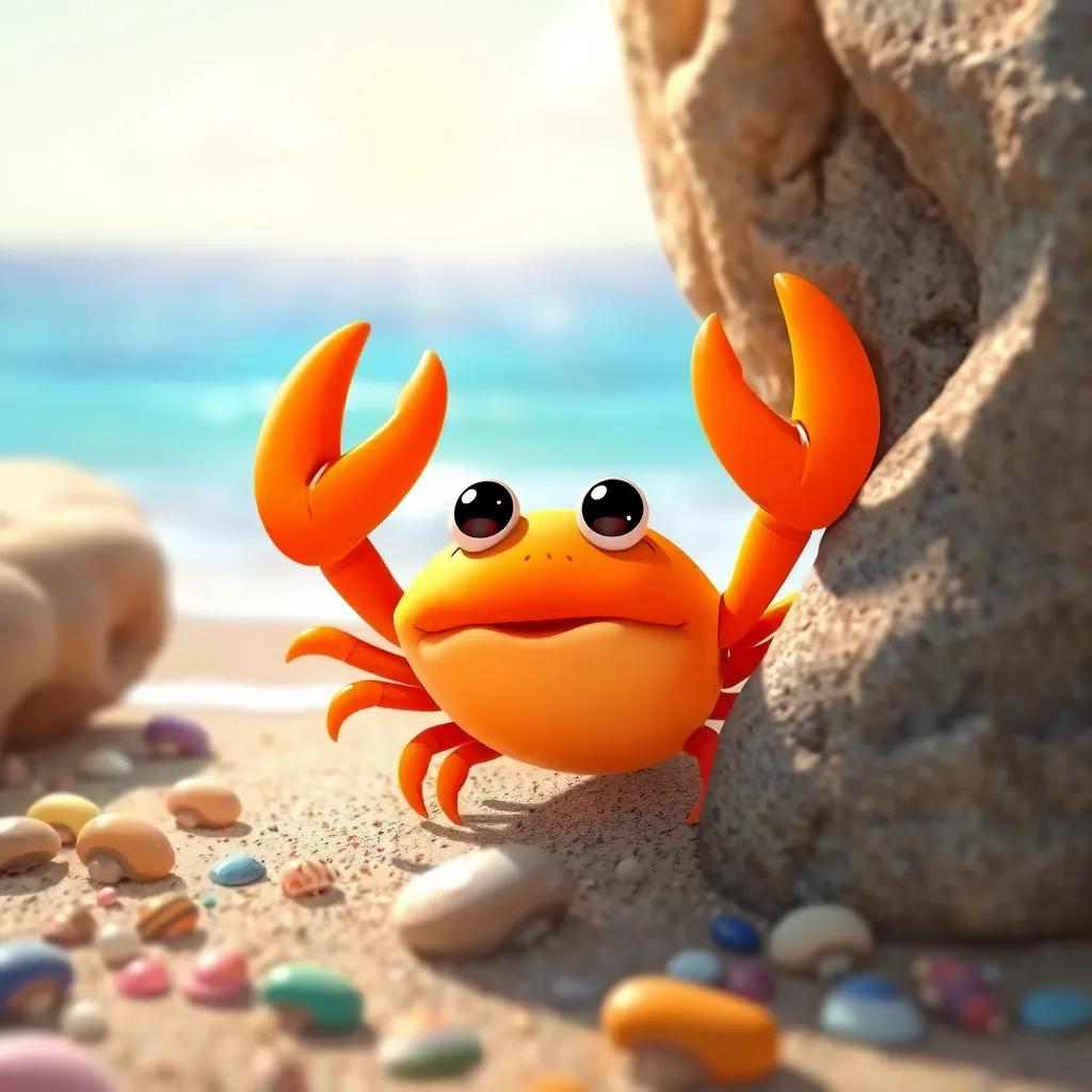 A bright orange crab with tiny eyes, peeking out from behind a rock near the beach, sunny atmosphere, colorful shells and pebbles around, cute and friendly, digital art, detailed, inviting