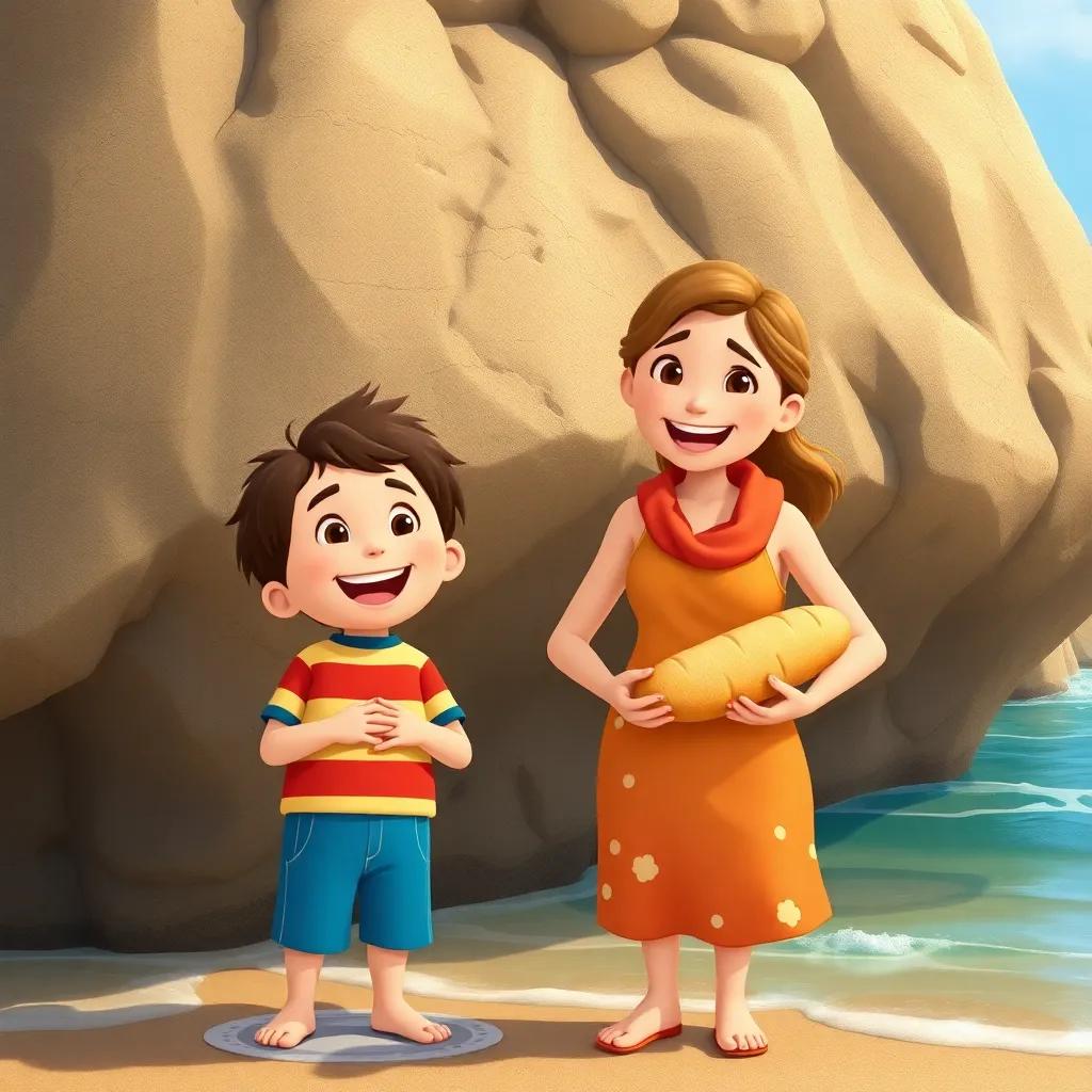 Tommy and his mommy, both smiling, standing by a big rock with their hands washed at the ocean, holding some bread, living beach colors, cheerful, family-friendly, illustration