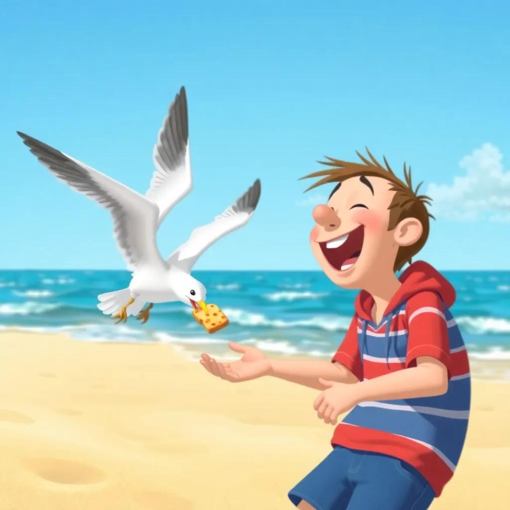 A playful scene of Tommy laughing as a seagull swoops down to steal a crumb of bread, sunny beach with sand and waves, whimsical and fun, bright colors, illustration