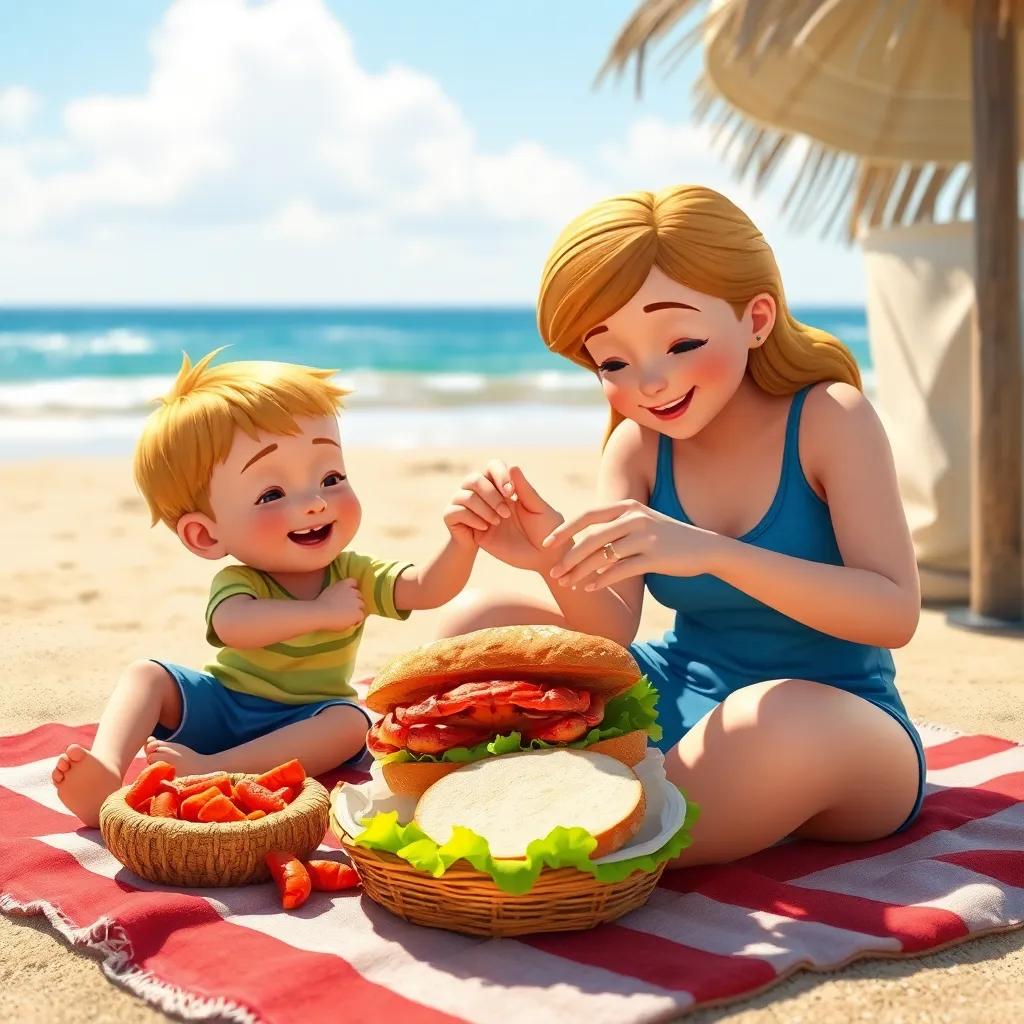 Tommy and Mommy sitting on a beach towel, building a crab sandwich together with fresh crab, soft bread, and lettuce, warm sunny day, cozy environment, heartwarming