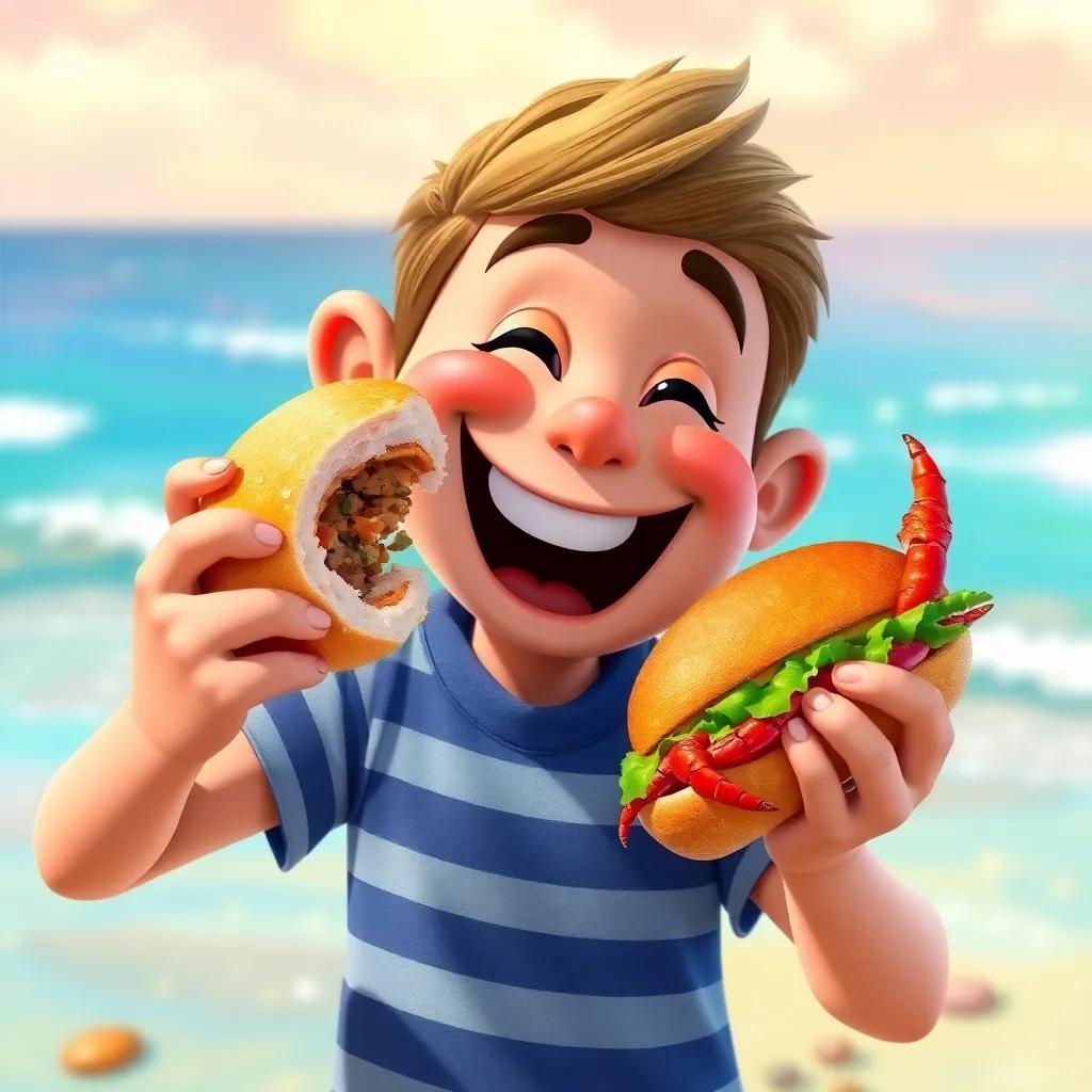Tommy proudly holding a crab sandwich, with a big bite taken out, colorful beach background, joyful expression on his face, fun and cheerful, digital painting