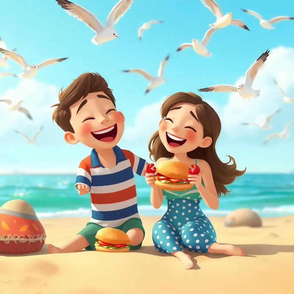 A playful scene of the beach with seagulls flying overhead, Tommy and Mommy laughing and enjoying their crab sandwich, happy beach day, vibrant and lively, illustration
