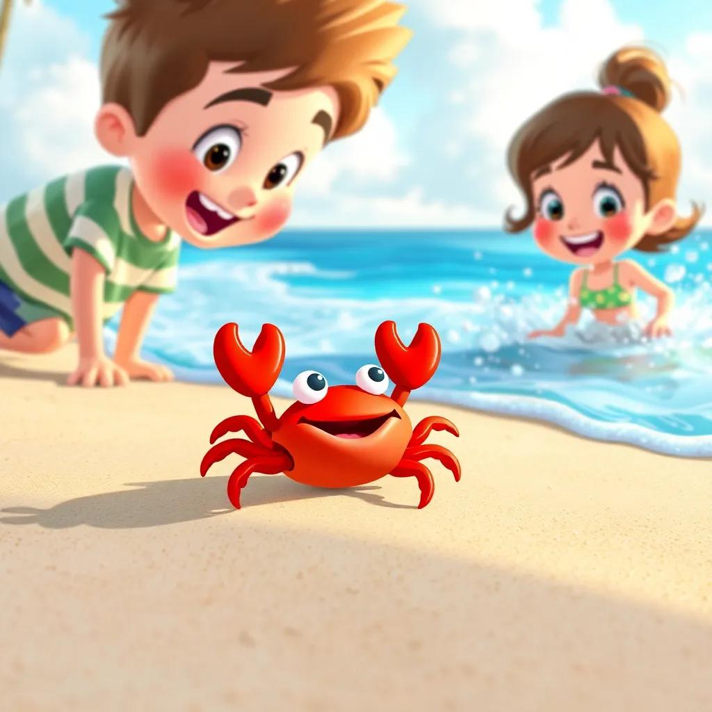 The little crab watching joyfully from the sand as Tommy and Mommy splash in the waves, cheerful beach atmosphere, playful, colorful scene, cute