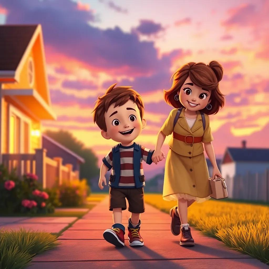 Tommy walking home with his mommy, both smiling, under a colorful sunset, dreaming of crab sandwiches, warm and inviting colors, heartwarming scene.
