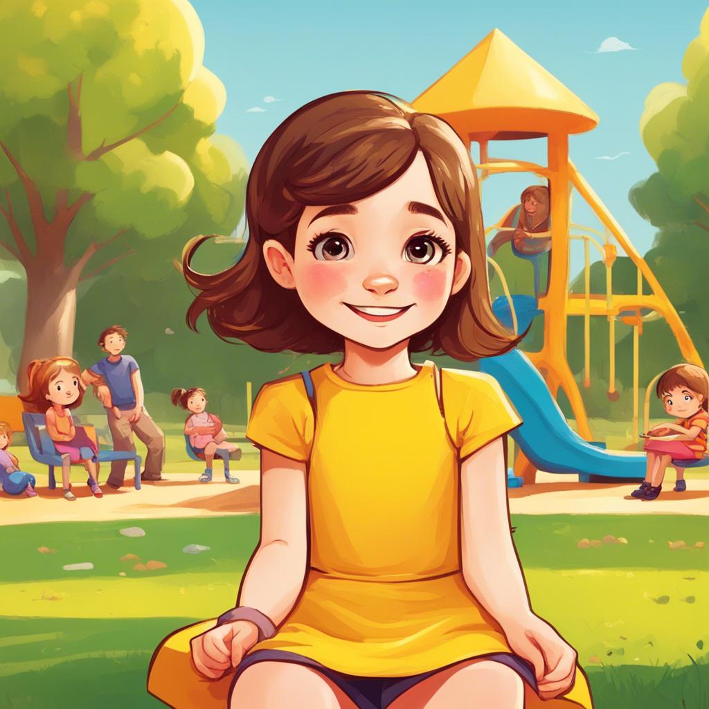 A young girl, Mia, with short brown hair, wearing a bright yellow dress, sitting in a sunny park with her friends, colorful playground equipment in the background, cheerful atmosphere, digital art, vibrant colors, inviting space, high quality