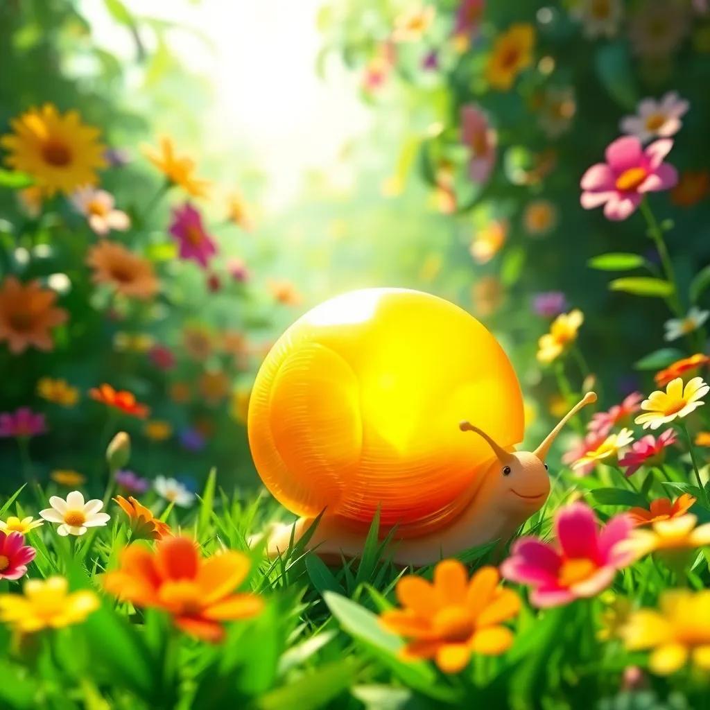 A snail with a bright, shiny shell, named Speedy, exploring a lush green garden filled with colorful flowers, bright sunlight, and a cheerful atmosphere, digital art, vivid colors, warm light, inviting scene, high quality