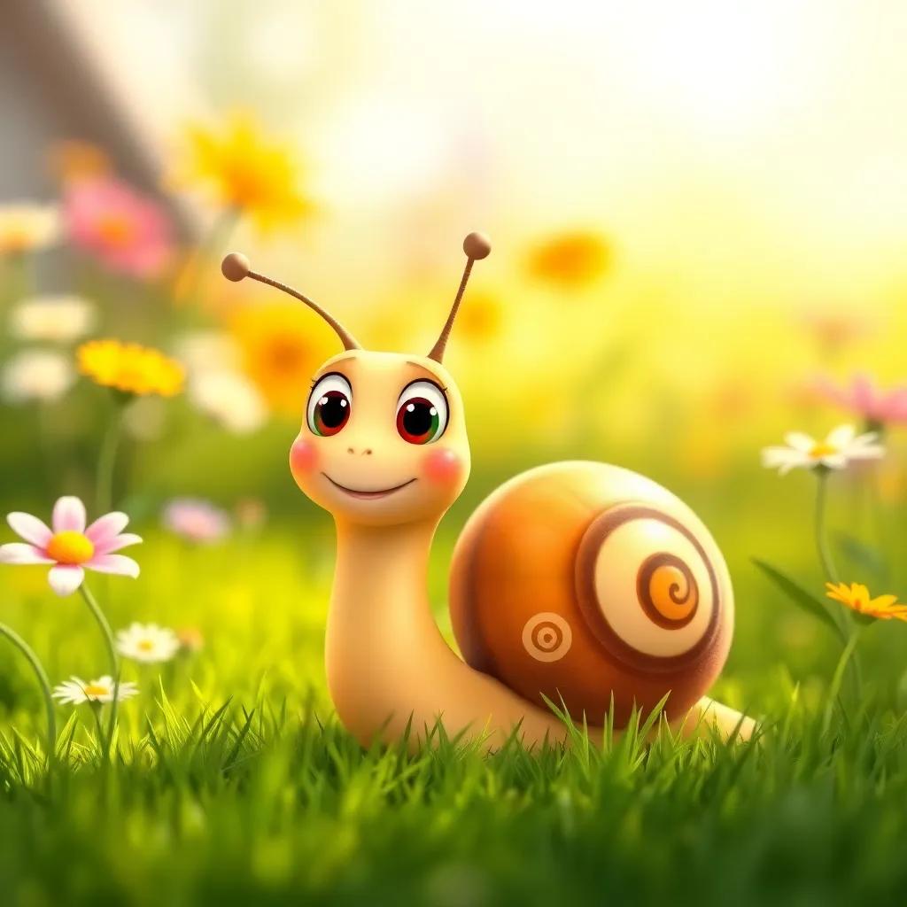 Speedy the Snail, looking curious with his tiny antennae up, waving goodbye to his garden friends, soft blurred background of flowers and grass, child-friendly illustration, warm and sunny day, playful vibe, vibrant