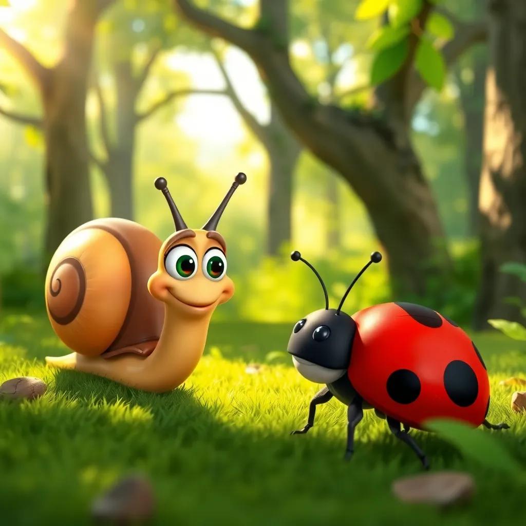 Speedy the Snail with a determined look, meeting a cheerful red ladybug with black spots, both in a bright green forest, surrounded by trees and sunlight filtering through leaves, colorful, joyful setting, high quality