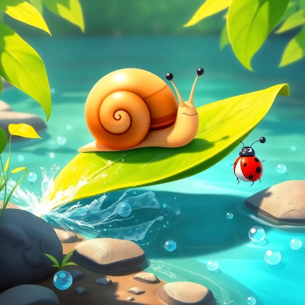 Speedy the Snail on a large green leaf, floating over a sparkling stream, a cheerful ladybug watching from the shore, bubbles in the water, sunny day, adventure-themed illustration, bright and lively colors, artful