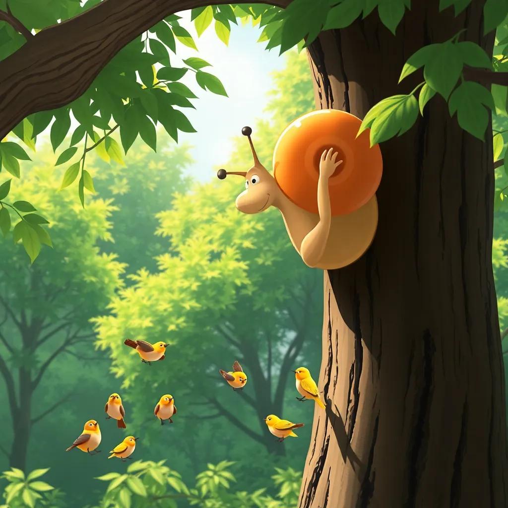 Speedy the Snail climbing a tree, looking down at lost baby birds chirping below, vibrant green trees, sunlight shining, showing Speedy's bravery, heartwarming scene, detailed illustration, high quality