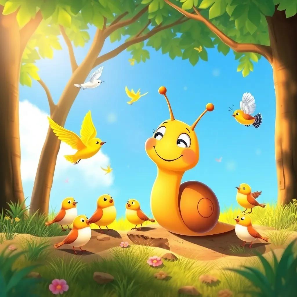 Speedy the Snail helping baby birds find their mother, with happy birds fluttering around, bright blue sky peeking through trees, creating a friendly atmosphere, colorful artwork, warm sunny colors, inviting