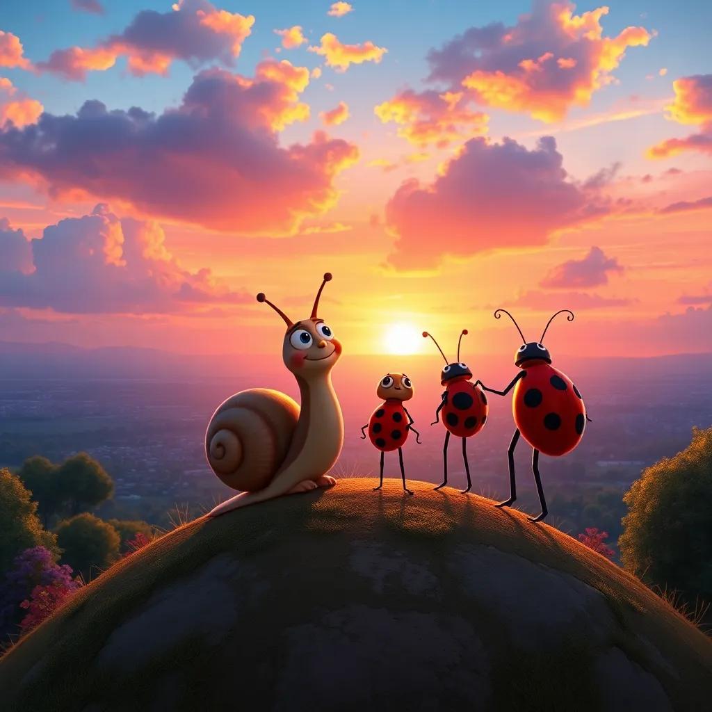 Speedy the Snail and Lila the ladybug standing on top of a hill, showcasing a breathtaking view of the garden at sunset, colorful sky with oranges and purples, amazed expressions, inspirational scene, detailed digital art