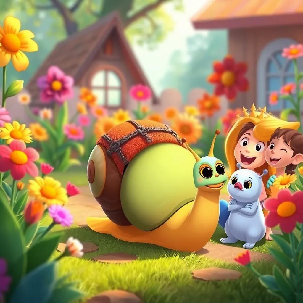 Speedy the Snail returning home to his garden, friends listening to his adventurous tales with excitement, warm friendly atmosphere, colors of garden flowers in the background, joyous and lively, enchanting illustration