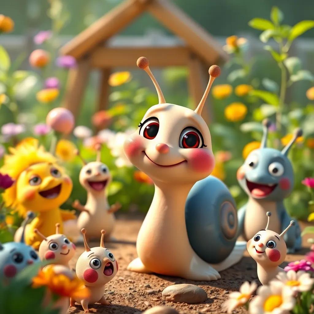 Speedy the Snail now looked proud and happy, surrounded by friends who are excited, showcasing a friendly gathering in the garden, colorful and bright, enchanting atmosphere, artistic quality, heartwarming