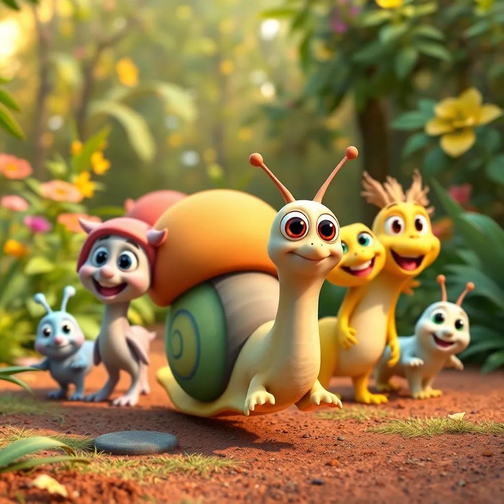 Speedy the Snail leading his friends for a new adventure, all together, ready to explore, lush garden background, colorful characters, joyful expressions, cheerful and vibrant, high quality