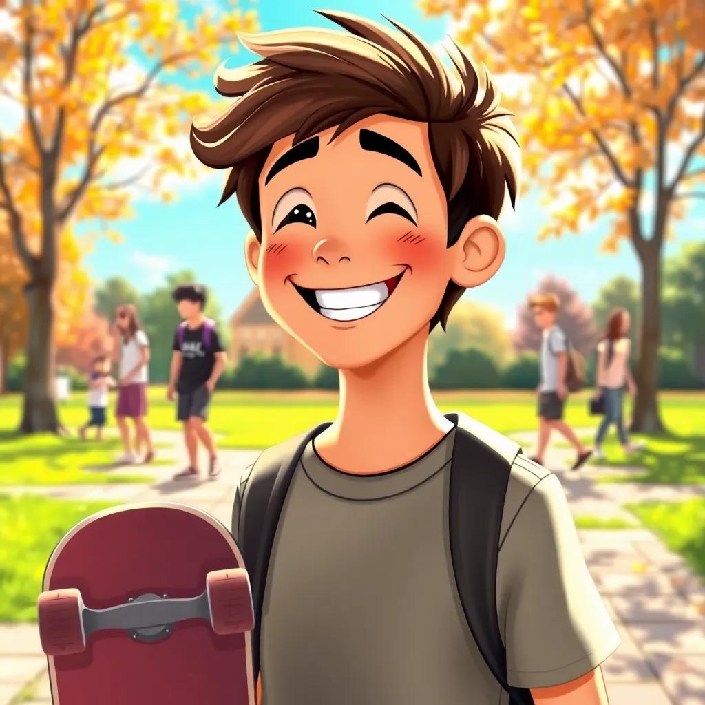 A cheerful teenager named Max, who is blind, smiling brightly at a sunny park, with a skateboard by his side, surrounded by friends, colorful scene, digital art, cheerful and uplifting, vibrant colors, high quality