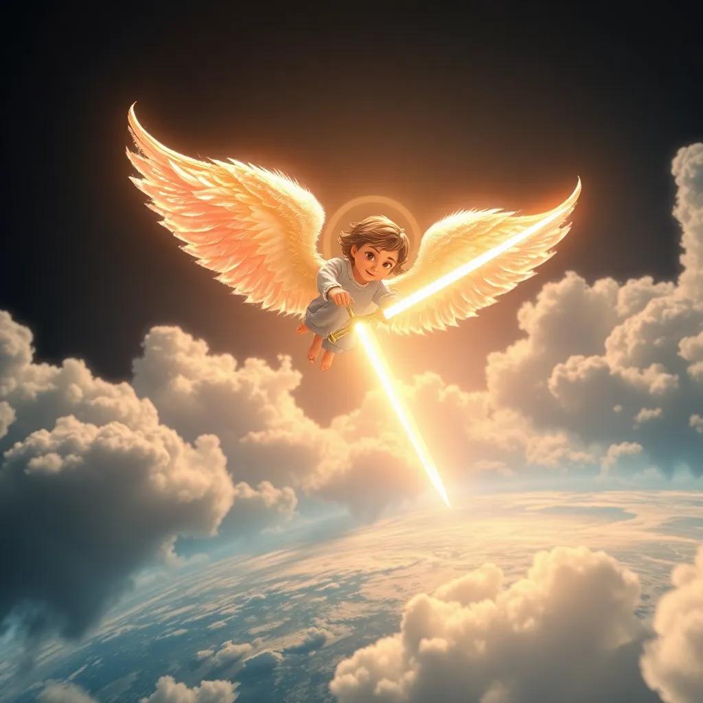 An angel, Gabriel, with shimmering wings and a bright sword, flying through fluffy clouds towards a dark and shadowy earth, digital art, radiant light, vivid colors, optimistic perspective, high quality.
