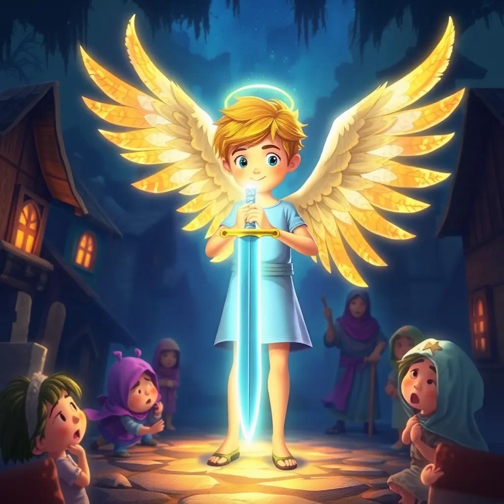 Gabriel, a young angel with shimmering wings and a glowing sword, standing in a dark village with frightened villagers; the sword glows bright, dispelling shadows, colorful illustration, vibrant, hopeful atmosphere, children's book style.