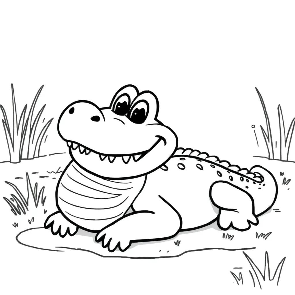 A cute cartoon alligator, Algie, with a big smile and rounded snout lying happily on a grassy bank, simple black-and-white line art for a children’s coloring book.