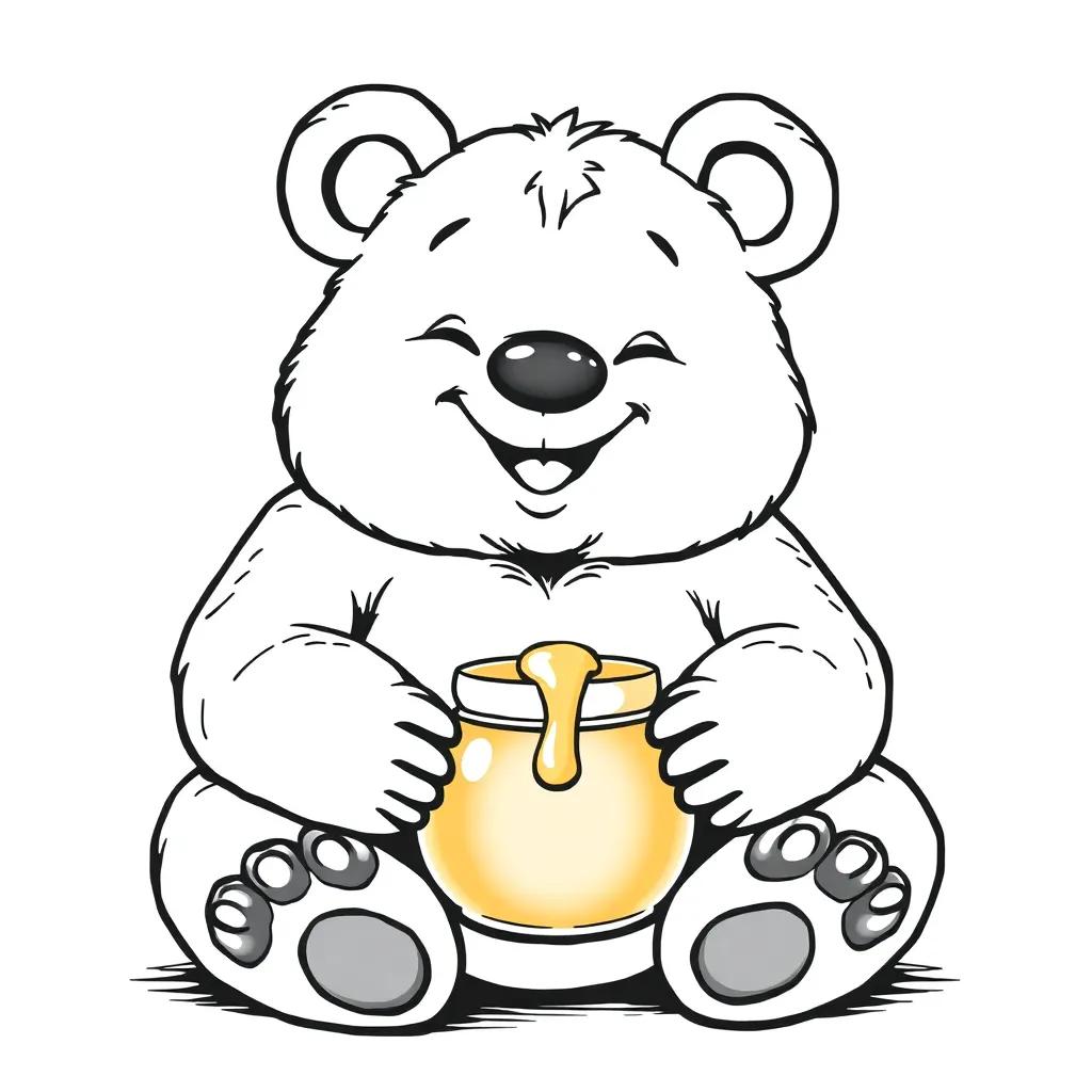 A chubby cartoon bear, Betty, sitting with round ears and a honey pot in its paws, smiling blissfully, thick clean black outlines for a kids’ coloring book.