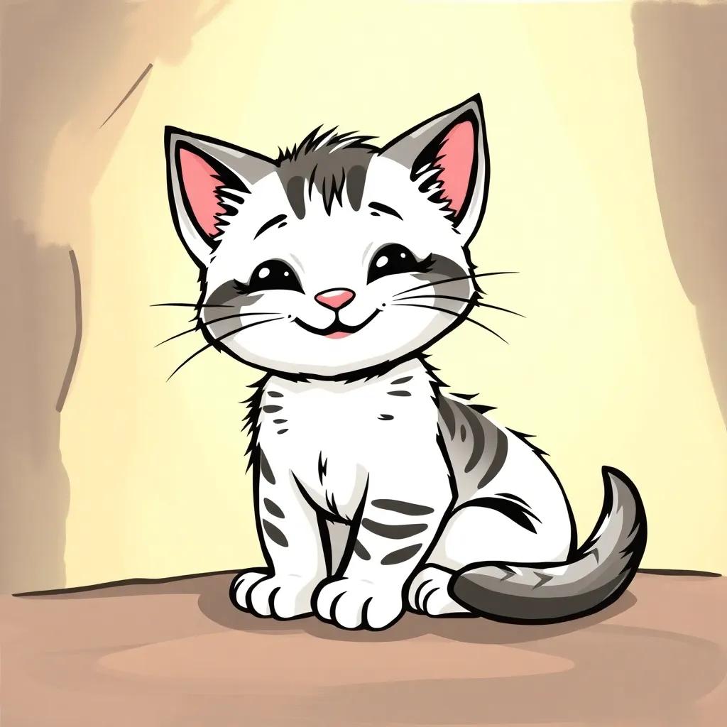 A sweet cartoon kitten, Cathy, sitting with pointy ears and a soft smile, drawn with bold black-and-white lines, happily curled up in a sunny spot.