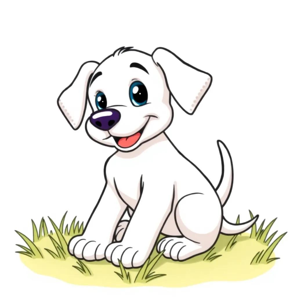 A playful cartoon puppy, Danny, with floppy ears and a wagging tail, in a friendly pose sitting on the grass, vibrant and cheerful in clean outlines for coloring.