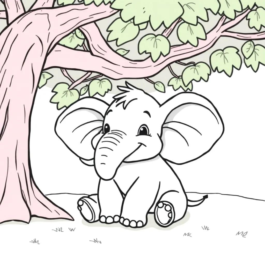 A cartoon elephant, Ellie, sitting down under a tree with oversized ears and a joyful expression, simple black-and-white line art for children’s coloring page.