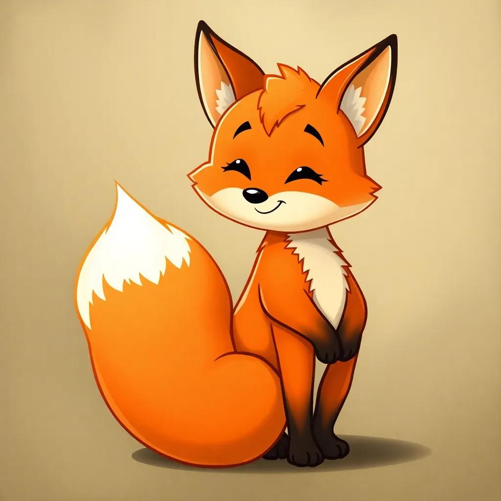 A cute cartoon fox, Felix, with a big fluffy tail wrapped around its body and calm smile, drawn in bold outlines, friendly and fun.