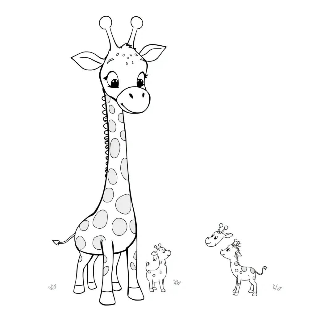 A smiling cartoon giraffe, Gabby, standing tall with patterned spots and small ossicones, in black-and-white line art for a children’s coloring book, looking down at her friends play.