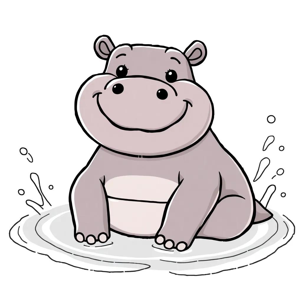 A happy cartoon hippo, Harry, sitting in a pond with round cheeks and gentle smile, his short legs submerged in splashes, thick black lines for kids’ coloring page.