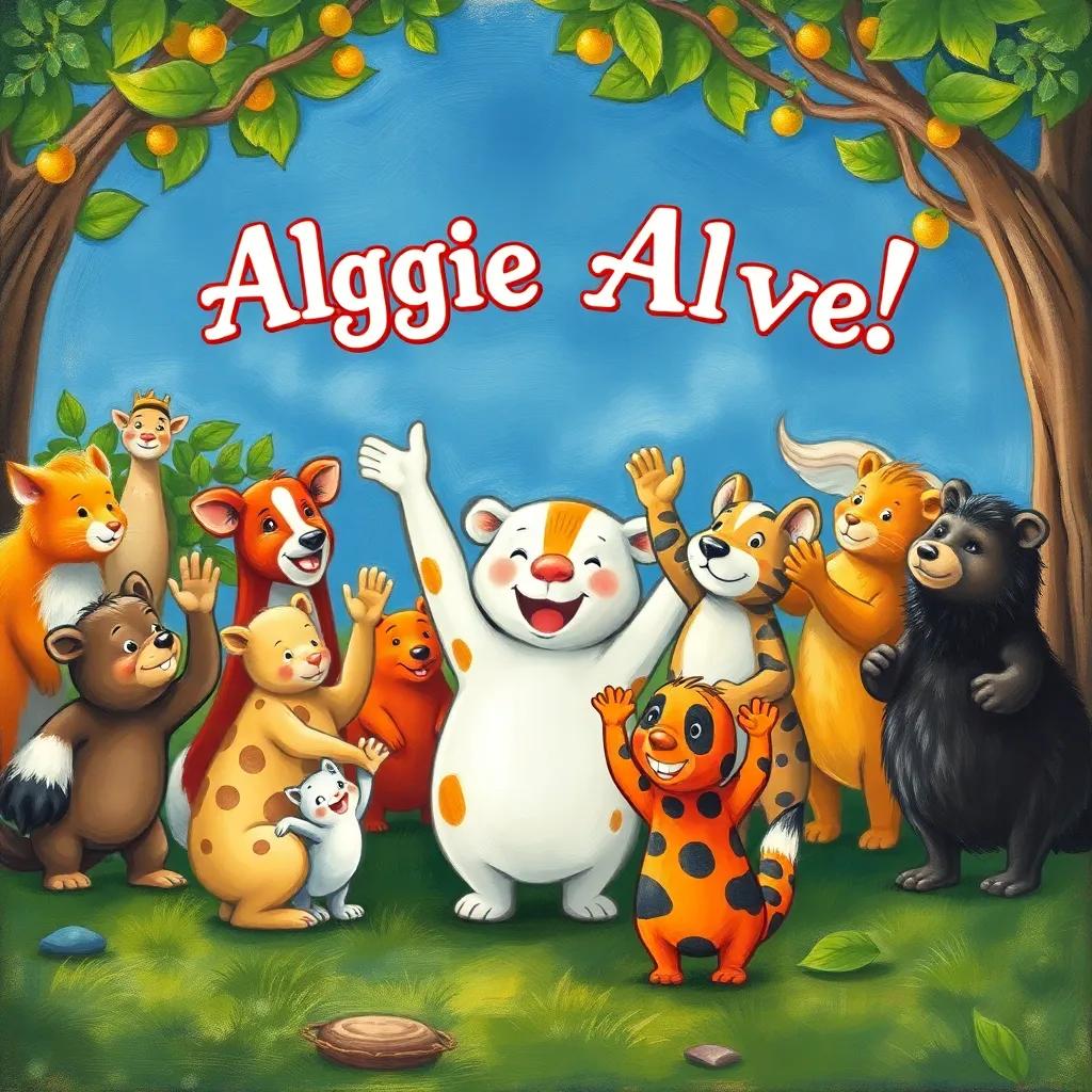 A joyful scene with all the animals happily waving goodbye to Algie at the end of the day, colorful and lively, drawn with thick outlines for a kid-friendly emotional farewell.