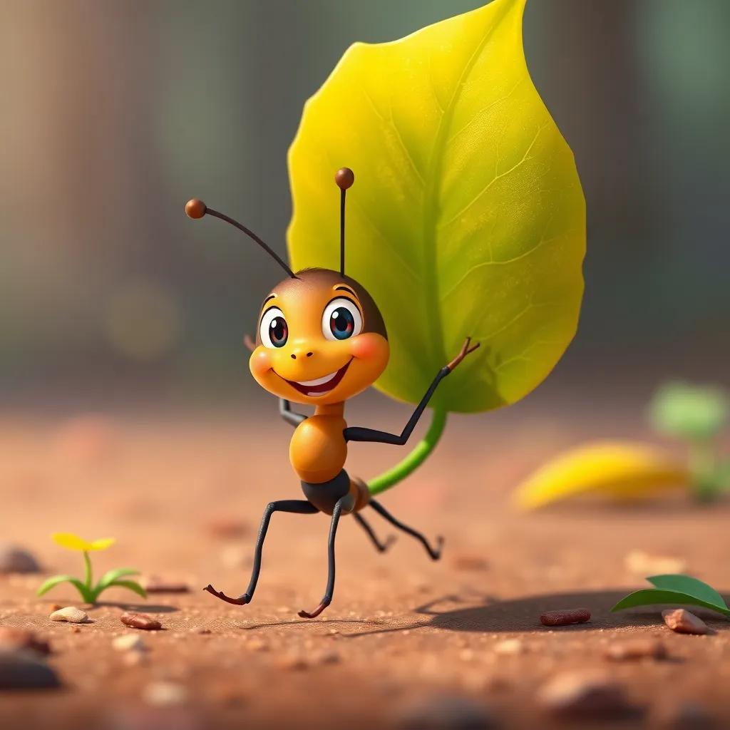 A happy little ant named Andy marching along with a leaf, cartoon style, bright colors, cheerful atmosphere, playful perspective, high quality