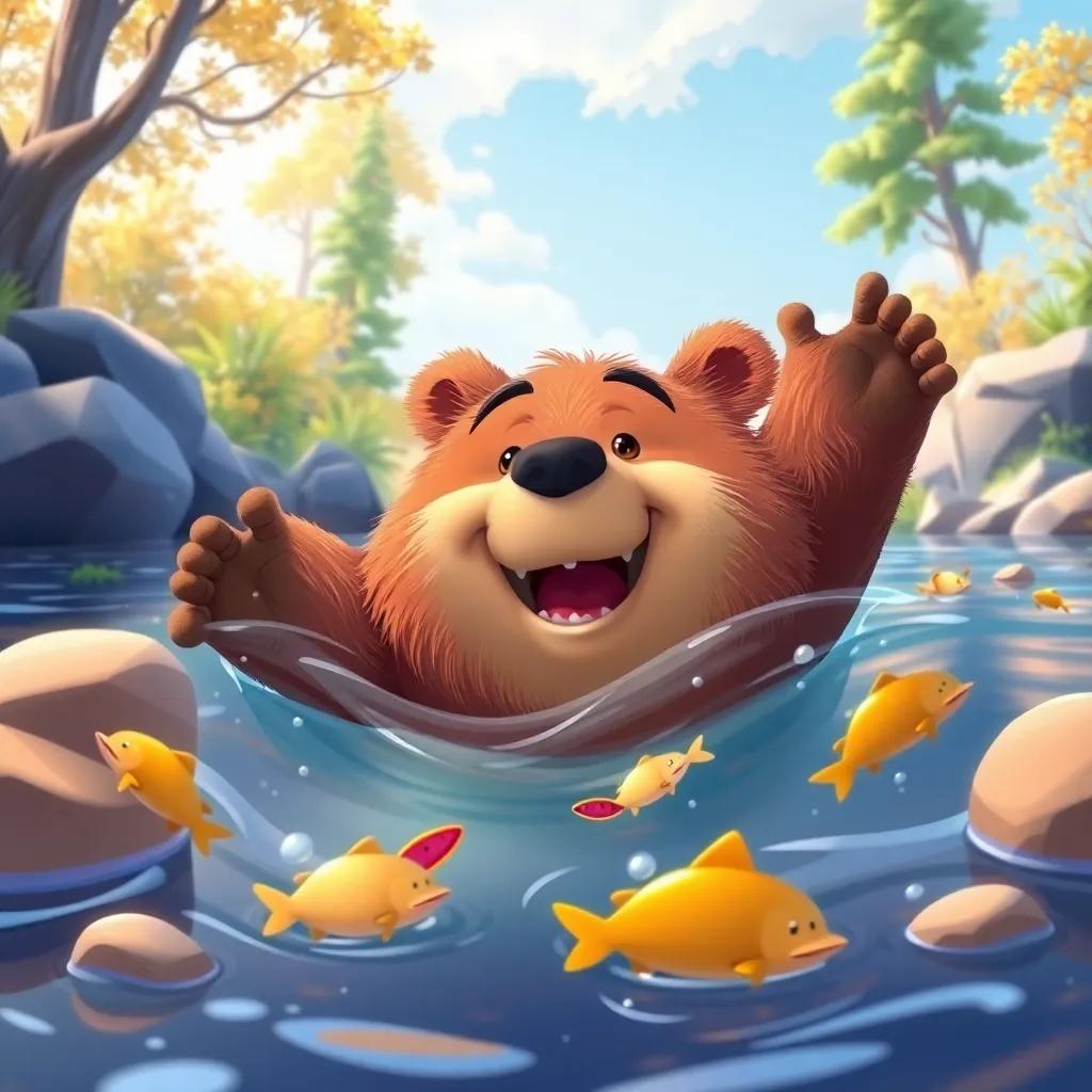 Benny the bear, big and furry, swimming in a river catching fish, cartoon style, vibrant colors, fun atmosphere, playful perspective, high quality