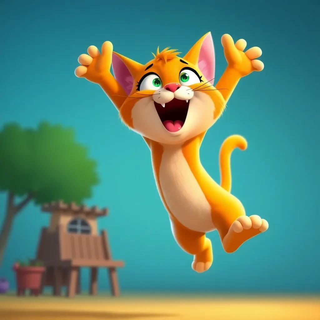 Cathy the cat, clever and sly, leaping high in the air, cartoon style, bright colors, playful atmosphere, lively perspective, high quality