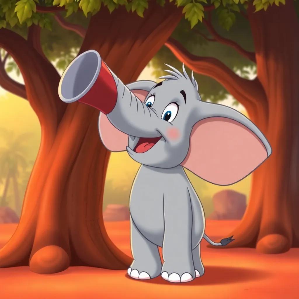 Eddie the elephant trumpeting loudly, standing proudly by a tree, cartoon style, warm colors, friendly atmosphere, engaging perspective, high quality