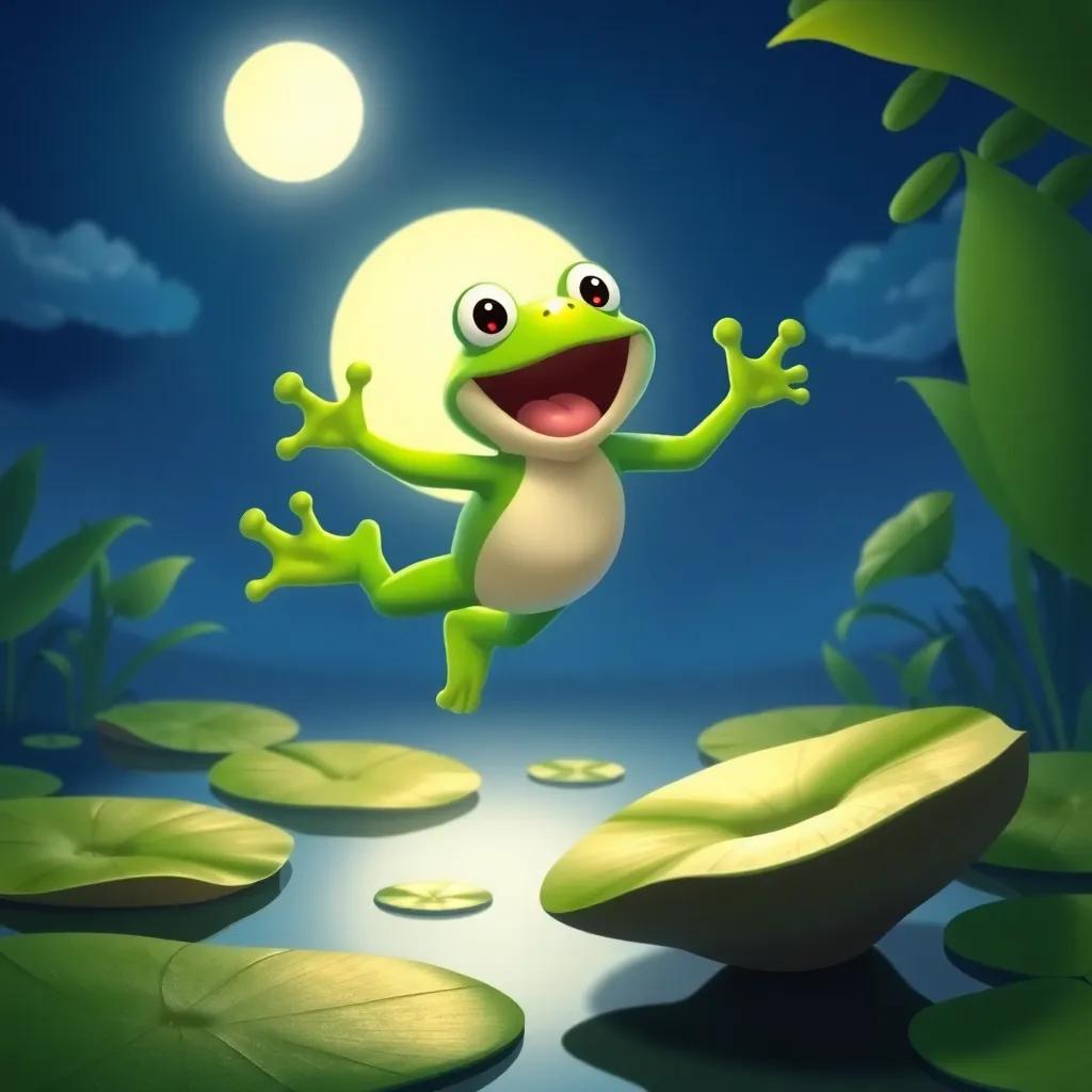 Freddy the frog leaping in the moonlight, jumping from lily pad to lily pad, cartoon style, bright colors, playful atmosphere, lively perspective, high quality
