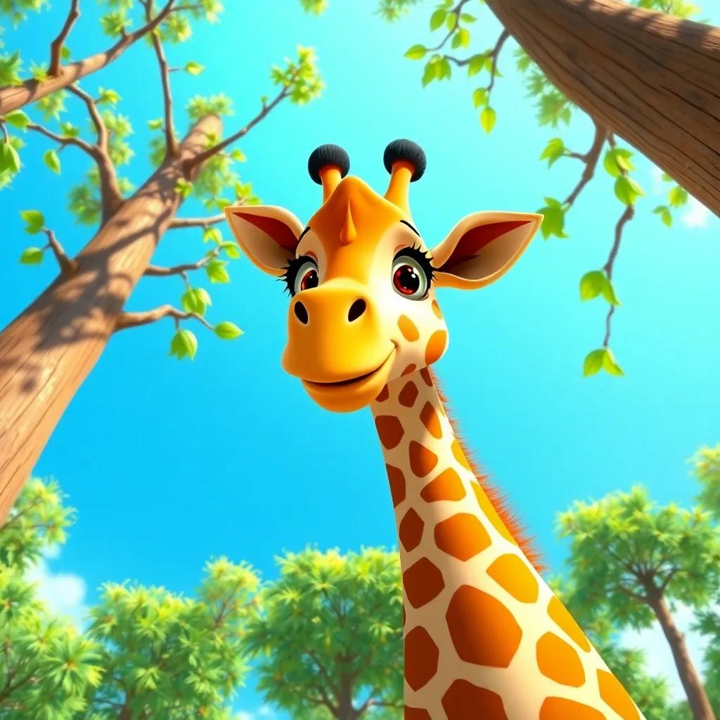 Ginny the giraffe reaching for tall trees, munching leaves with a bright blue sky, cartoon style, sunny colors, cheerful atmosphere, fun perspective, high quality