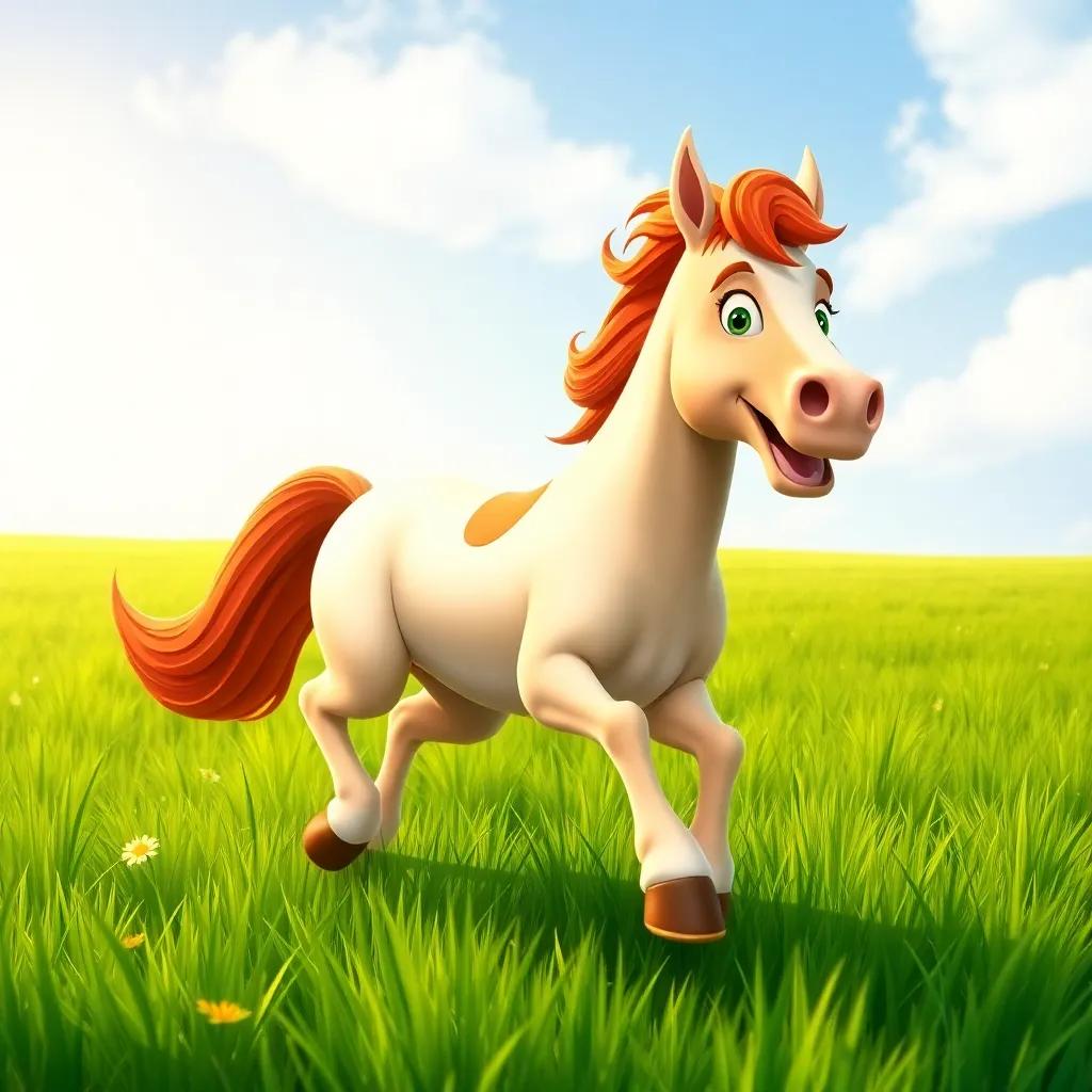 Harry the horse galloping through a green field, full of joy and movement, cartoon style, vibrant colors, lively atmosphere, engaging perspective, high quality