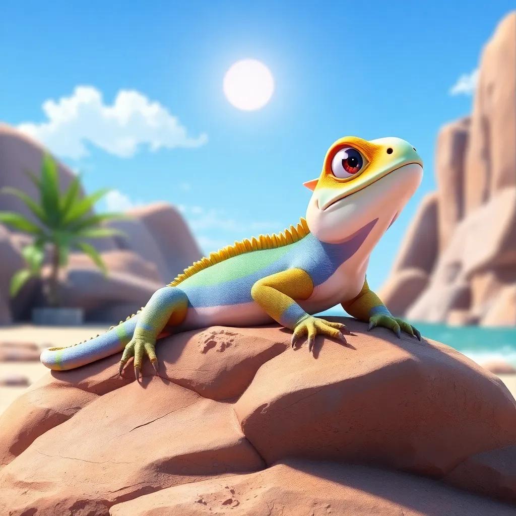 Ivy the iguana basking on a rock, changing colors under the sun, cartoon style, bright colors, inviting atmosphere, playful perspective, high quality