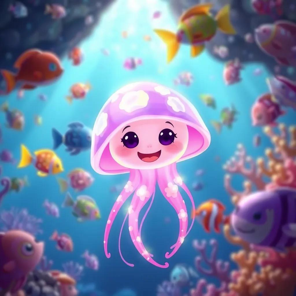 Judy the jellyfish glowing in the sea, surrounded by colorful fish, cartoon style, vibrant colors, magical atmosphere, engaging perspective, high quality