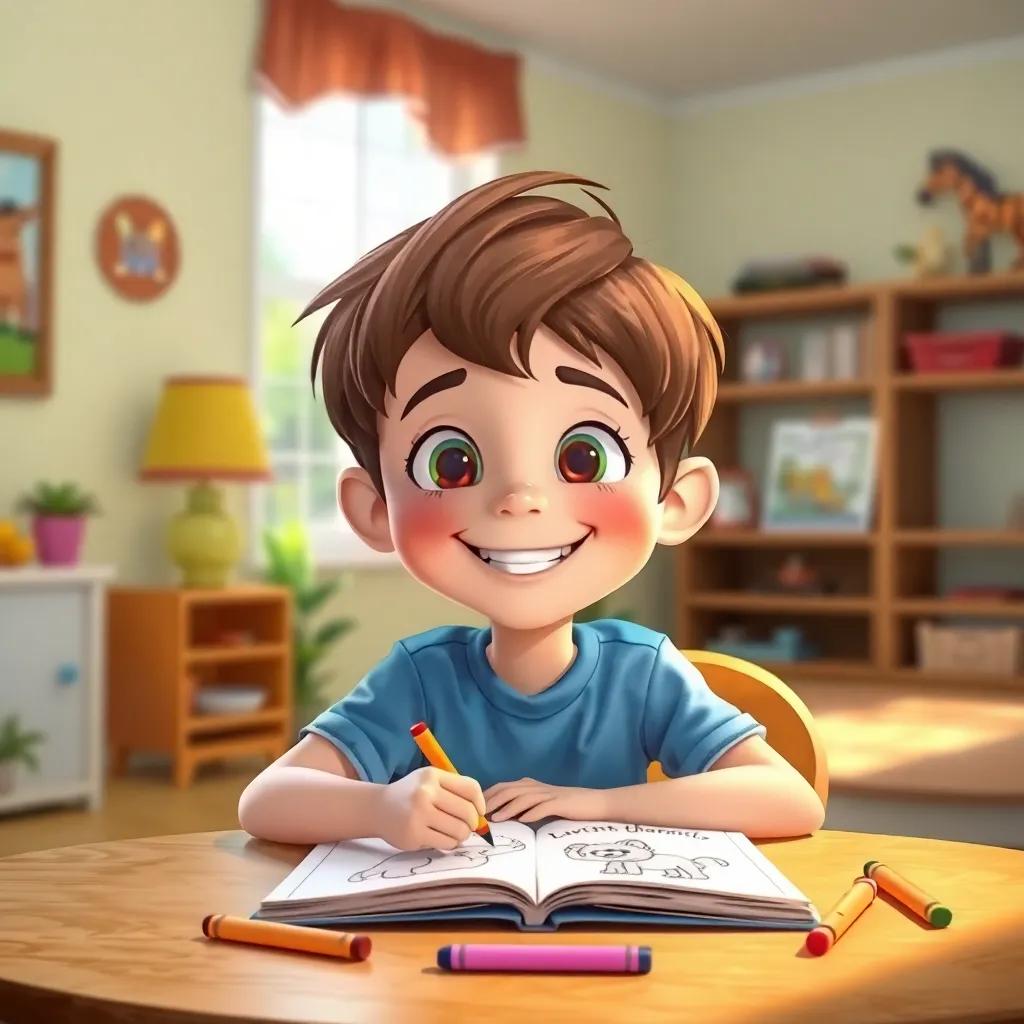 A cheerful boy named Liam, with short brown hair, wearing a blue shirt and shorts, sitting at a table with colorful crayons, drawing an animal book, bright and sunny room, digital art, cheerful colors, inviting atmosphere, high quality