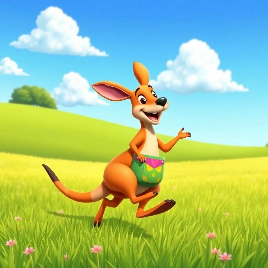 A lively kangaroo, hopping in a beautiful green field, with a big colorful pouch, smiling and waving, bright blue sky and fluffy clouds above, illustration, vibrant colors, joyful mood, child-friendly