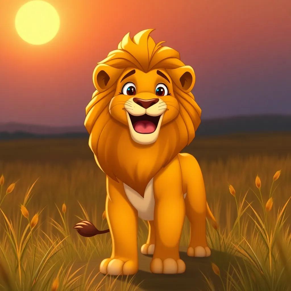 A majestic lion, with a shiny golden mane, standing proudly in a savannah with tall grass and a shining sun, roaring happily, cartoon style, warm colors, friendly atmosphere, high quality