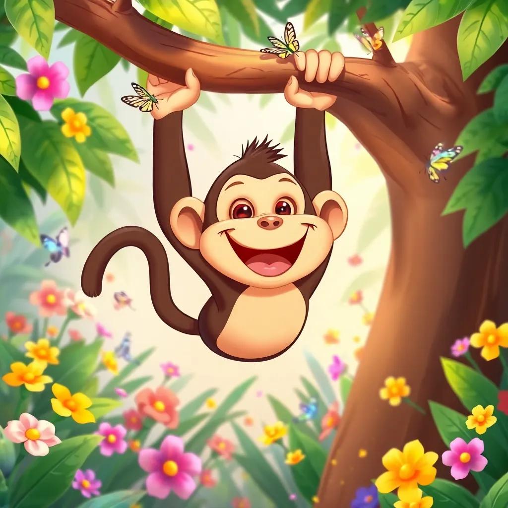 A playful monkey, swinging from a tree branch with a big grin, surrounded by colorful flowers and butterflies, bright jungle, illustration, fun and cheerful colors, inviting atmosphere, child-friendly